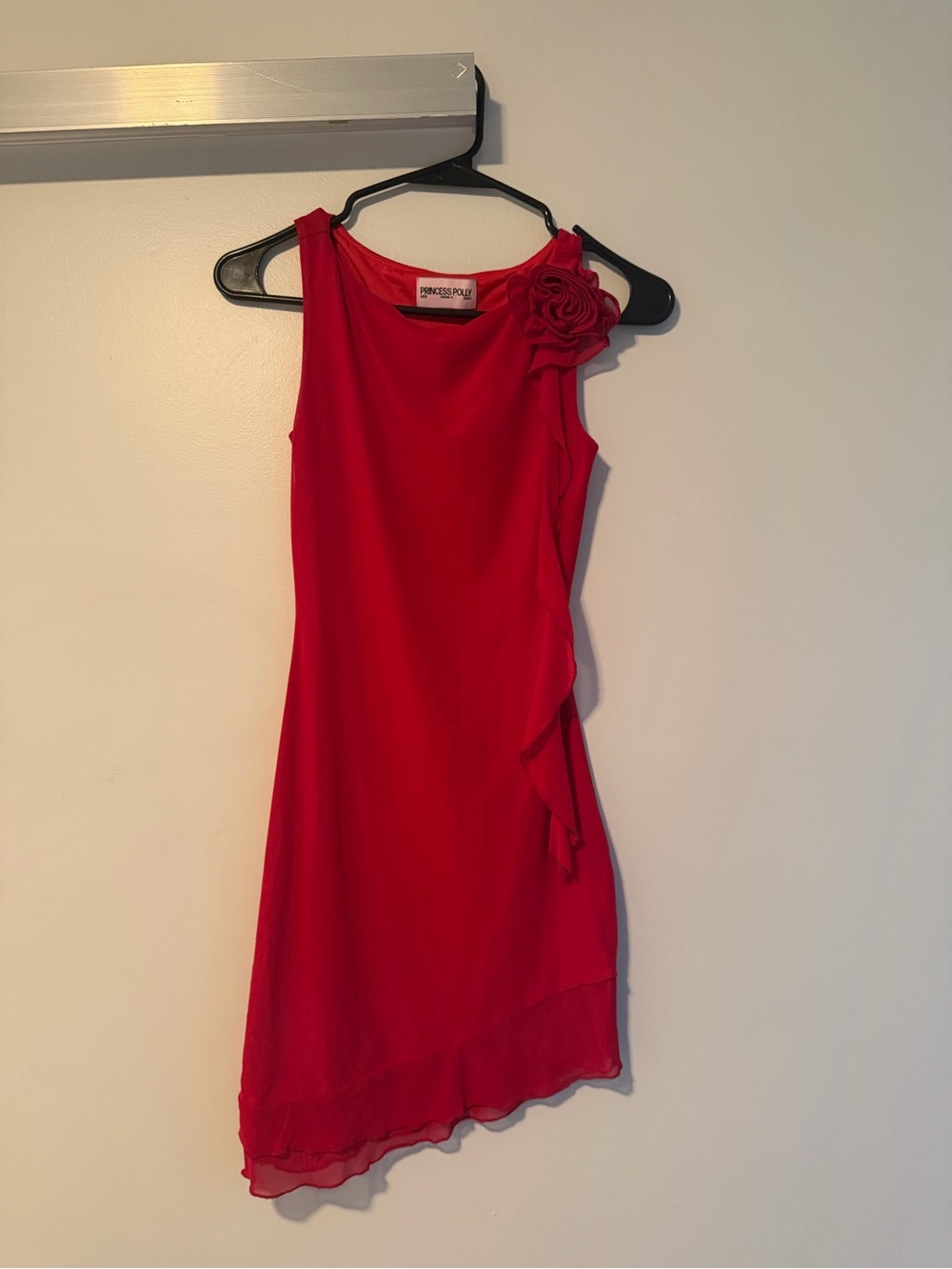 Princess Polly Red Sleeveless Asymmetrical Dress with Floral Shoulder Detail